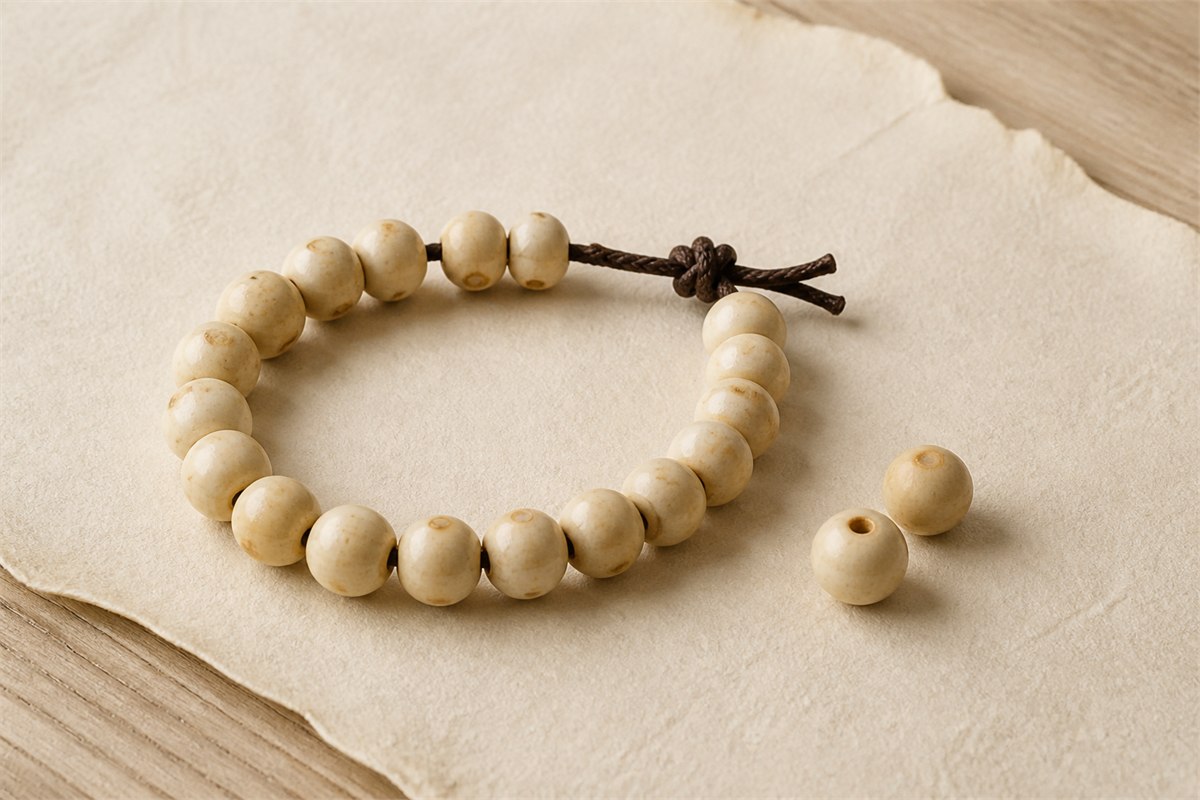 Ivory plant-seed bead bracelet with loose drilled beads on cream paper