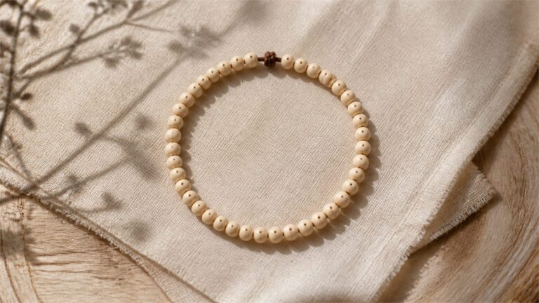 Warm ivory seed-bead bracelet centered on natural linen with soft branch shadows