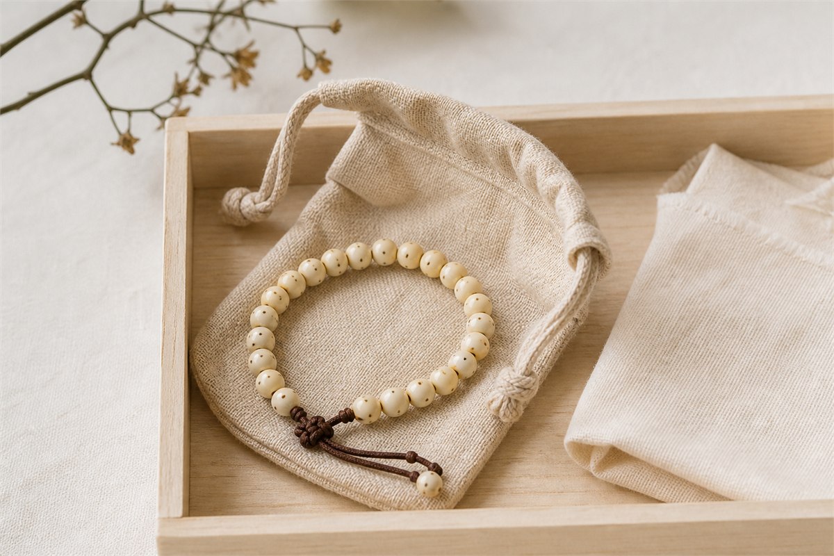 Ivory seed-bead bracelet resting in an open linen pouch and pale wood box