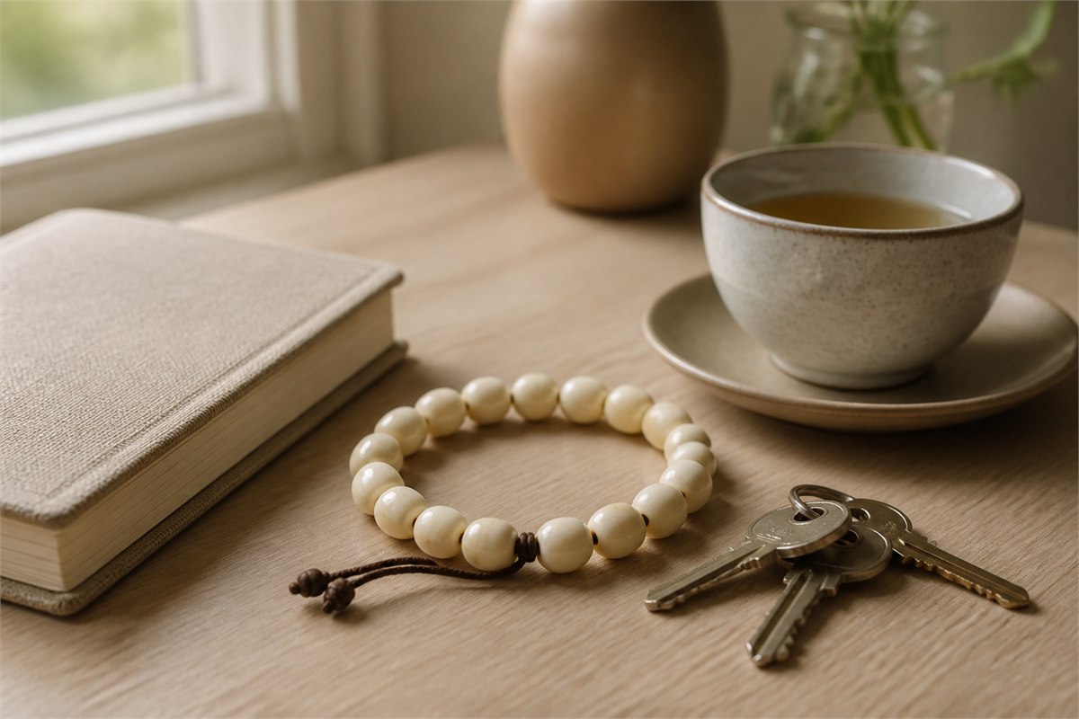 Ivory seed-bead bracelet beside a linen journal, tea cup, and house keys