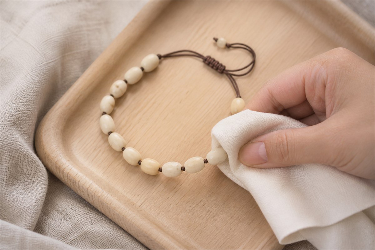 Hand wiping pale plant-seed beads with a soft dry cloth on a wood tray