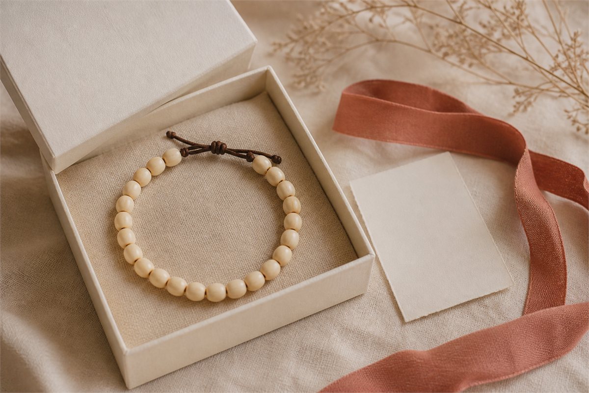 Ivory seed-bead bracelet in a cream gift box with a muted rust ribbon