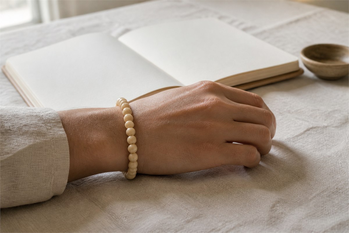 Warm ivory Bodhi root bead bracelet worn at a notebook in soft natural light