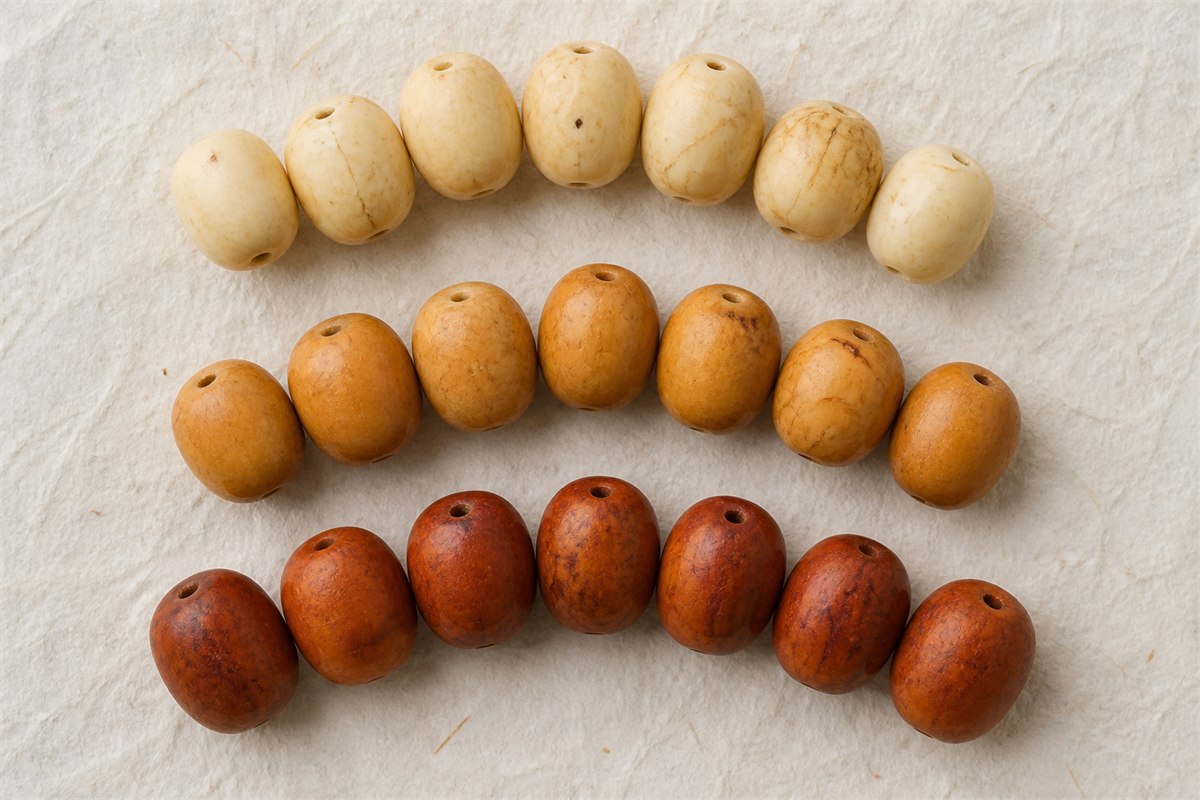 Three arcs of Bodhi-root beads changing from creamy ivory to honey and reddish amber