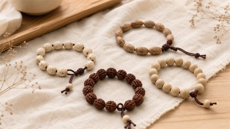Four distinct Bodhi-market bracelets showing porous Xingyue, eye-lined Fengyan, grooved Rudraksha, and pale plant beads