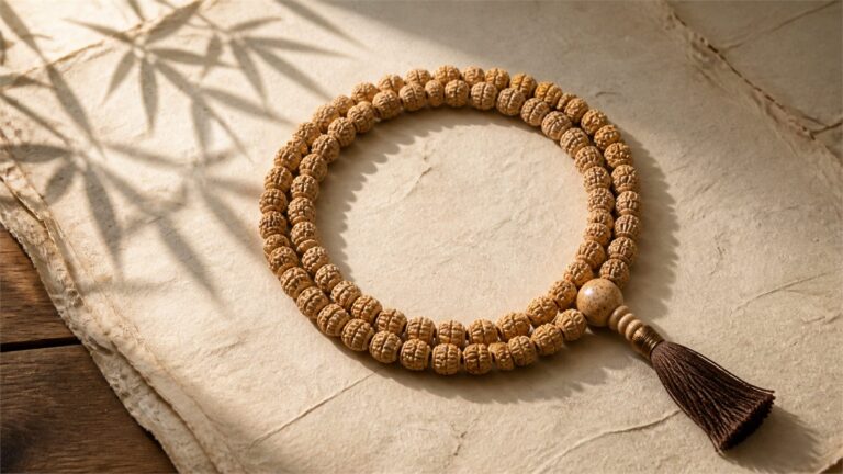 Complete natural Bodhi seed prayer mala with a larger guru bead and brown tassel on warm handmade paper