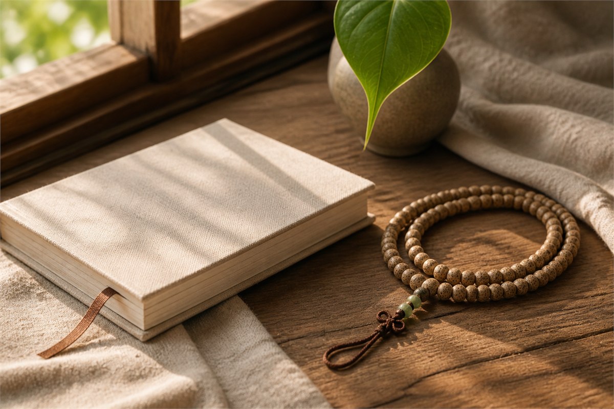 Natural Bodhi bead strand beside a blank journal and sacred fig leaf in window light