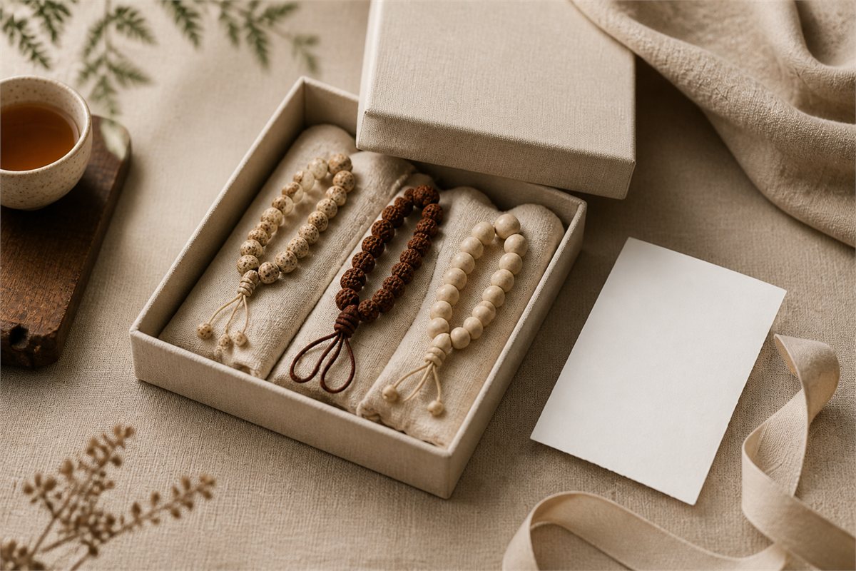 Three distinct Bodhi bead strands in a linen gift box beside a blank card