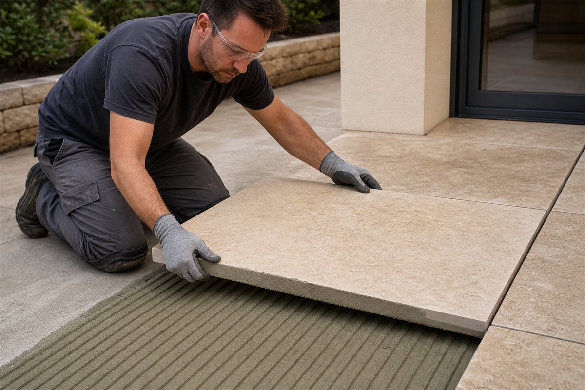 Installer setting a thick outdoor porcelain paver onto consistently combed mortar