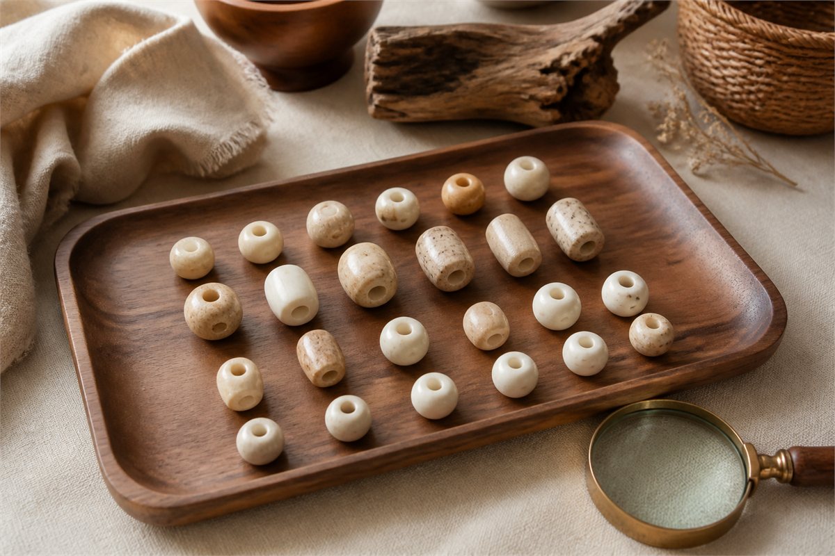 Pale cream, warm beige, round, and barrel-shaped finished bone beads on a wood tray