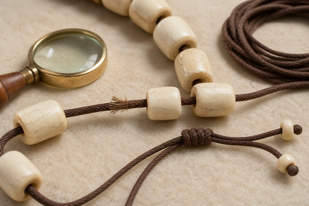 Close view of bone beads, drilled holes, hairline cracks, frayed cord, and an adjustable knot.