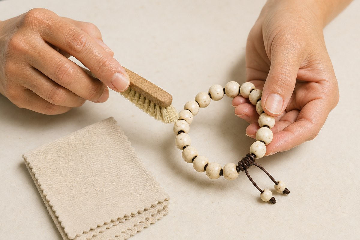 Clean dry hands use a soft brush on a bone bracelet beside a dry cloth.