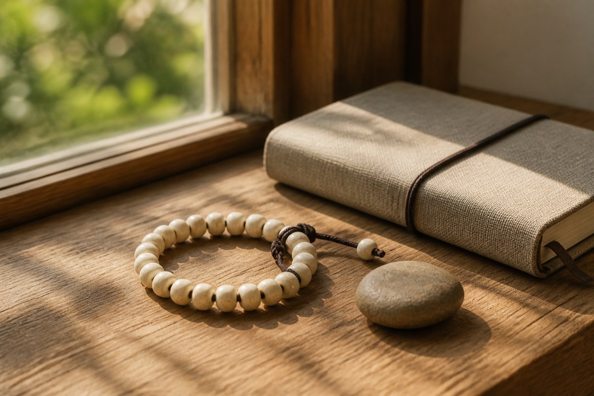 A cared-for bone bracelet beside a linen notebook and river stone on a sunlit window seat.