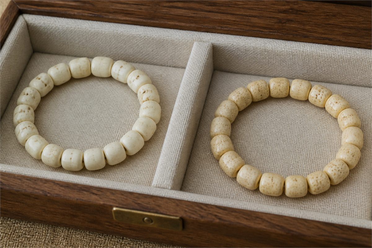 Two bone bead bracelets with subtle cream tone differences stored in separate cloth compartments