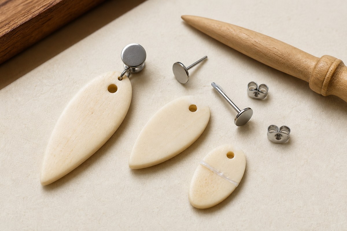 Bone earring pieces with steel posts, clasps, holes, and an adhesive join on a jeweler’s mat.
