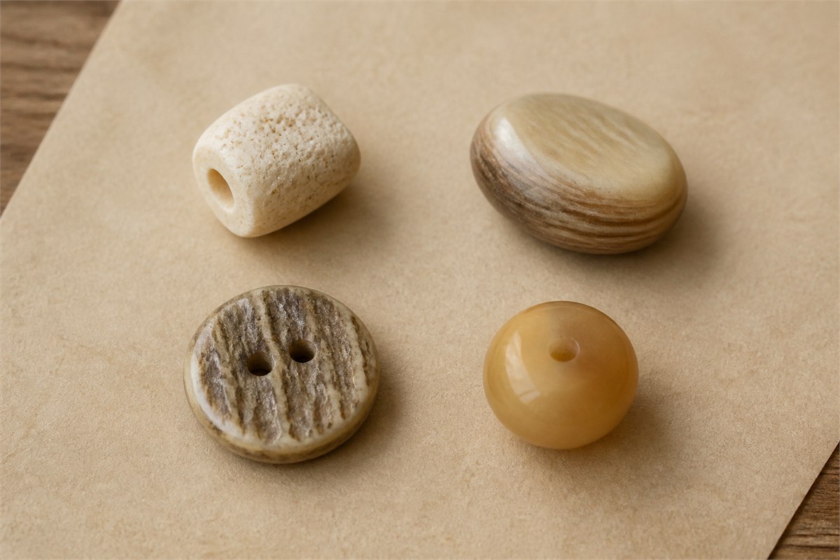 Separate pale bone bead, layered horn piece, antler section, and molded resin sample on neutral paper