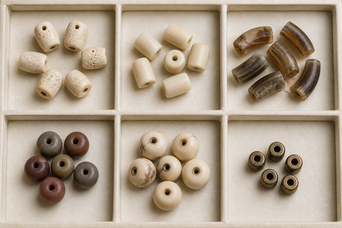 Separated bead samples showing porous bone, smooth bone, layered horn, resin, tagua, and metal