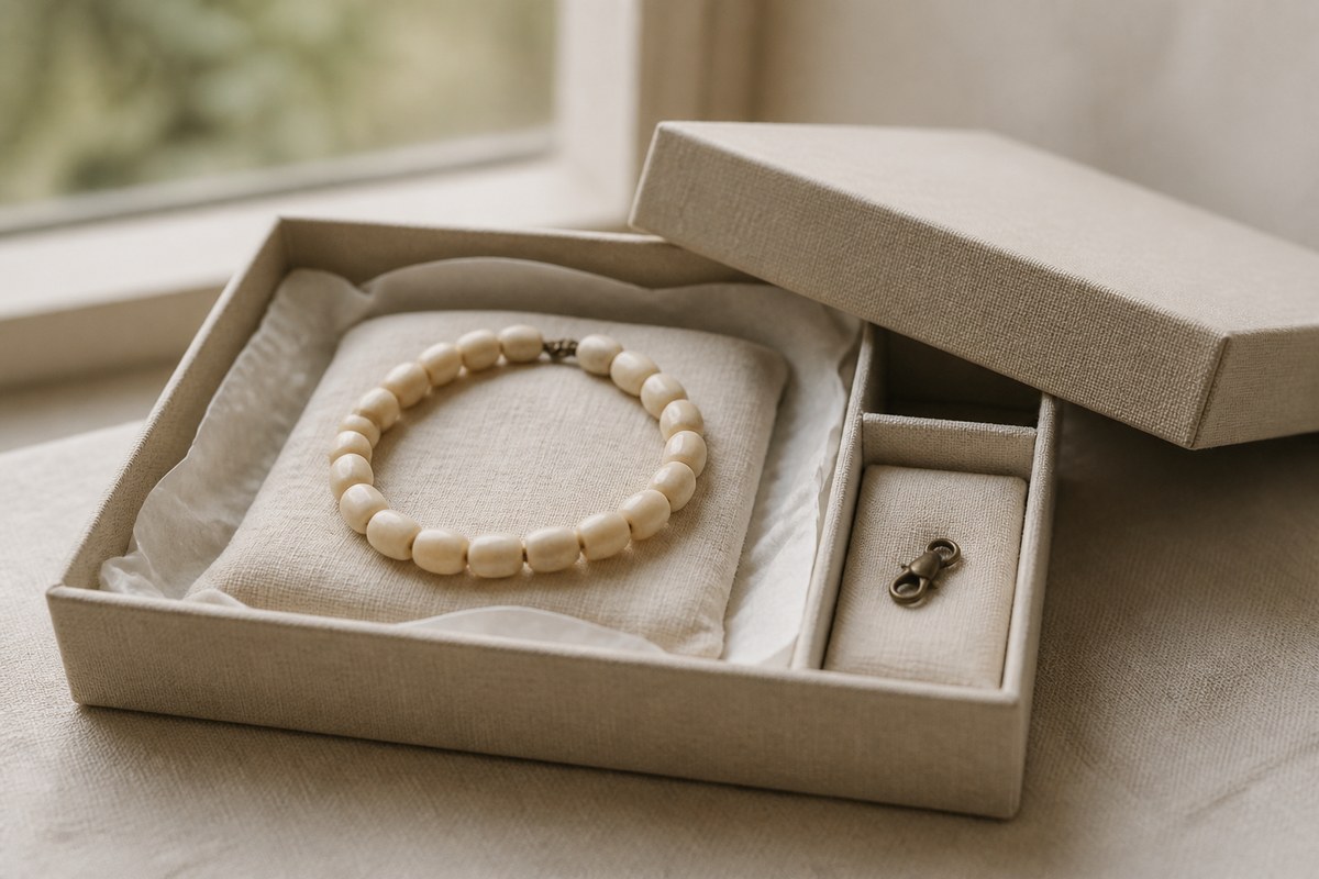A bone bracelet rests separately in a cushioned breathable archival box.