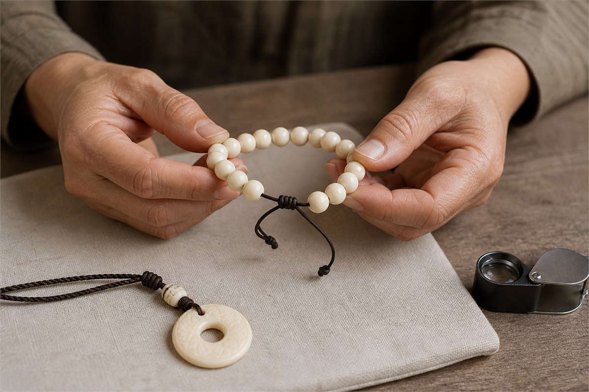 Hands examining a finished bone pendant and bead strand for smooth holes, secure cord, and rounded edges