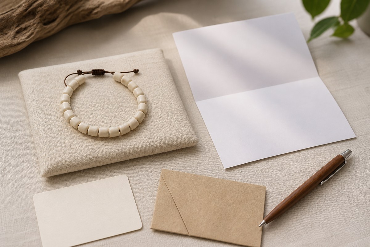A bone bracelet beside blank disclosure paperwork, an envelope, and a pen.
