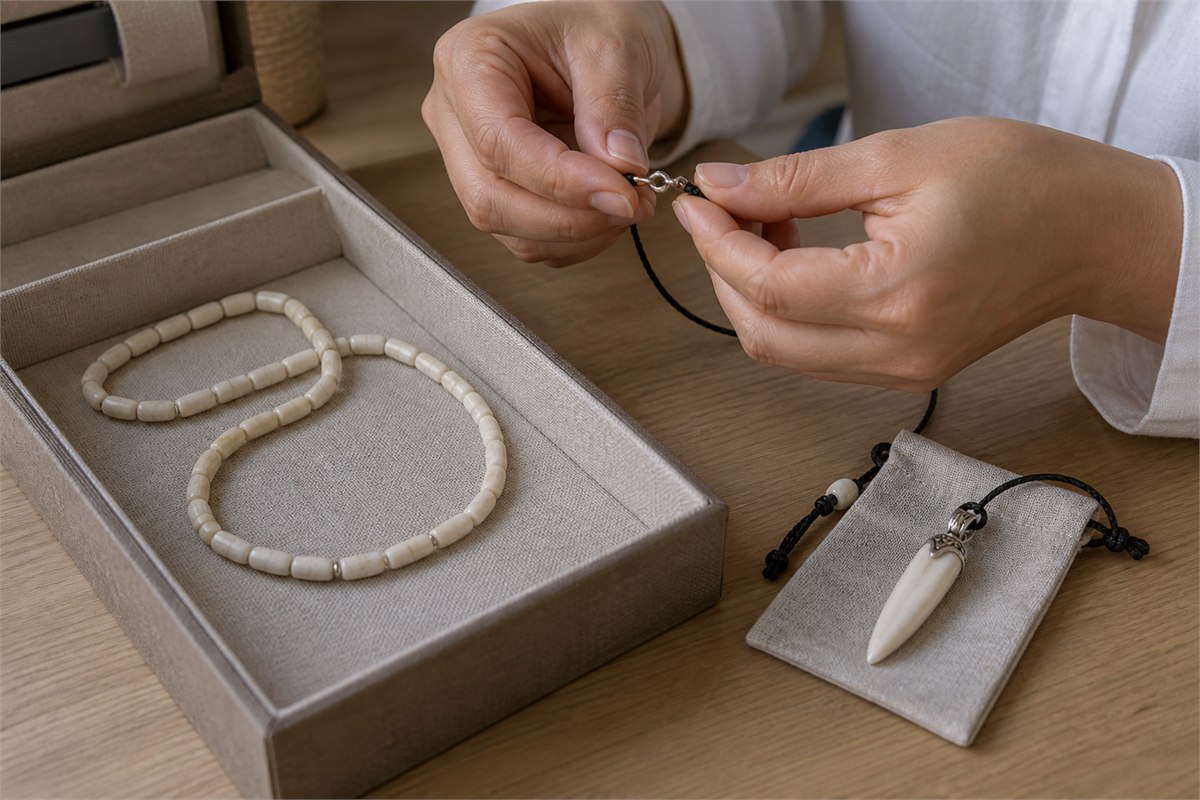 Bone bead strand and pendant stored separately in soft cloth compartments beside a checked clasp and cord