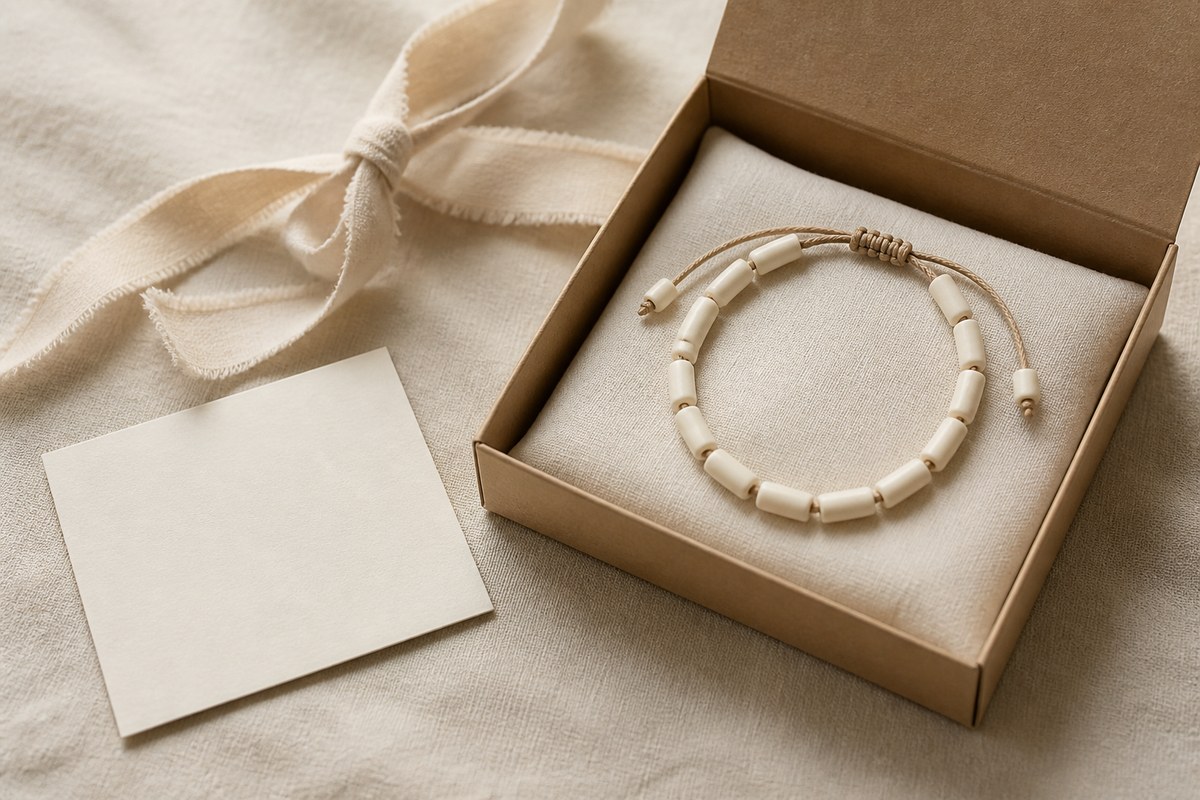 A bone bracelet in a kraft gift box beside a blank material note.