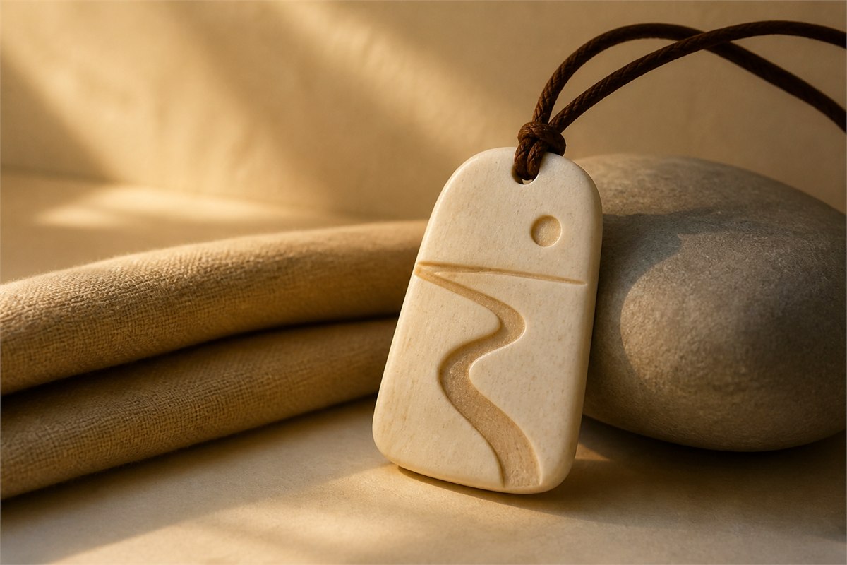 Finished pale bone pendant with a simple carved path motif beside a folded map and smooth stone