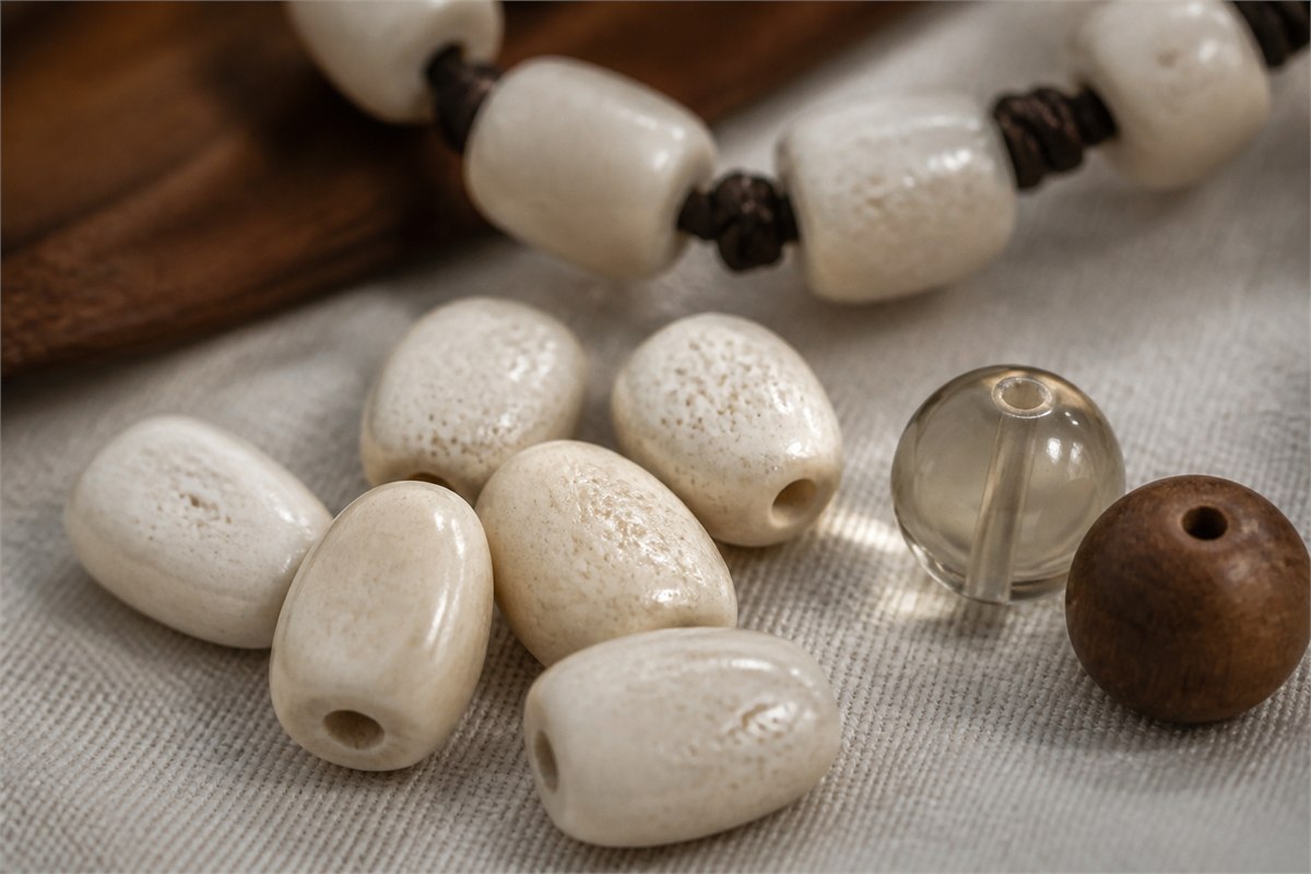 Finished porous bone beads beside one translucent resin bead and one brown wood bead