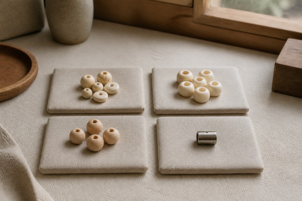 Bone-like, resin, wood, and metal craft samples on four separate linen pads.