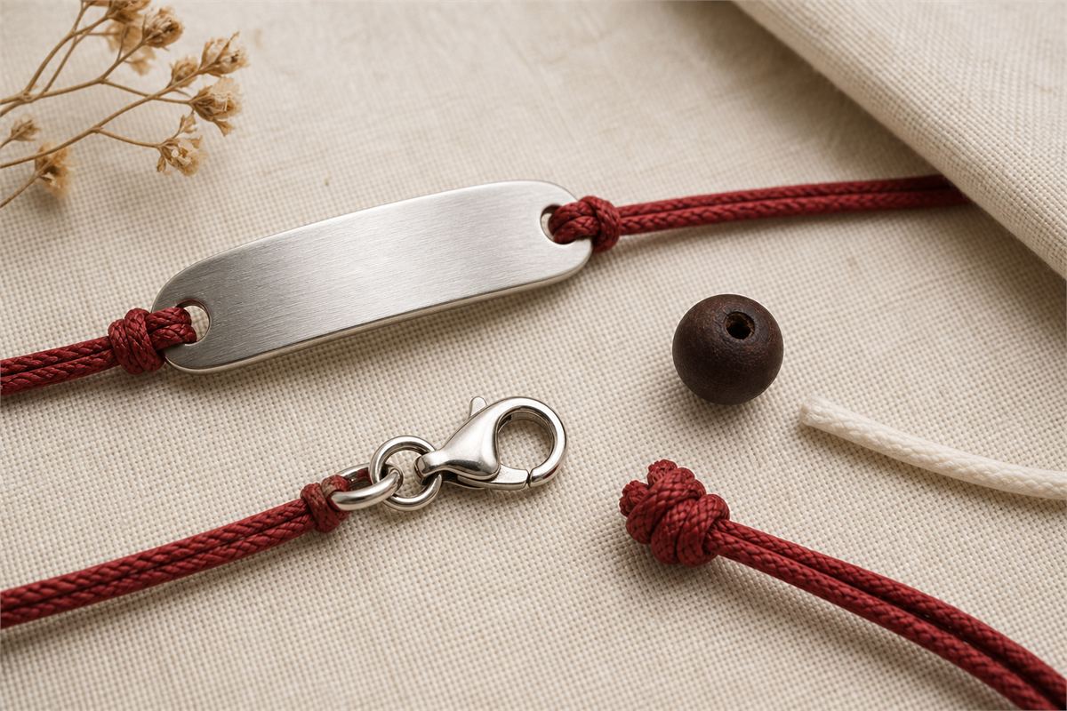 Smooth blank bracelet plate, red cord knots, lobster clasp, wooden bead, and intact elastic cord on linen