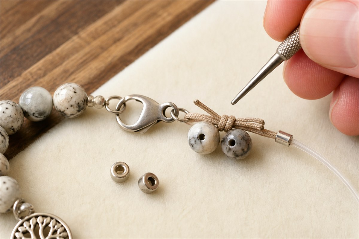 Close view of bracelet clasp, cord, knot, bead holes, and metal spacers