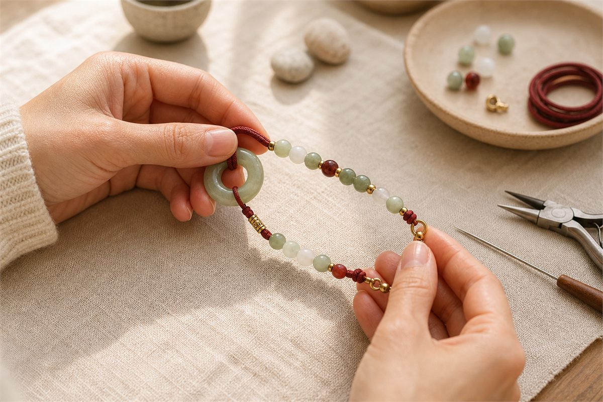 Artisan hands inspecting bead holes, cord knots, spacers, and a bracelet clasp