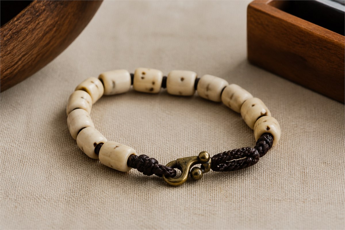 Bone bracelet with braided cord, smooth bead holes, and aged brass clasp in close view