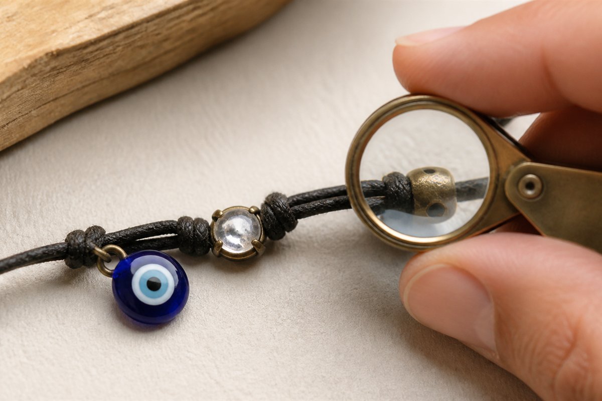 Hands checking bracelet elastic, a covered knot, charm loop, clasp, and prongs over a soft mat.
