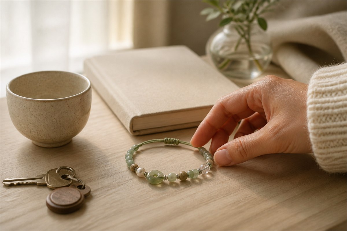 Adult hand placing a mixed-material beaded bracelet beside a journal, key, and ceramic cup