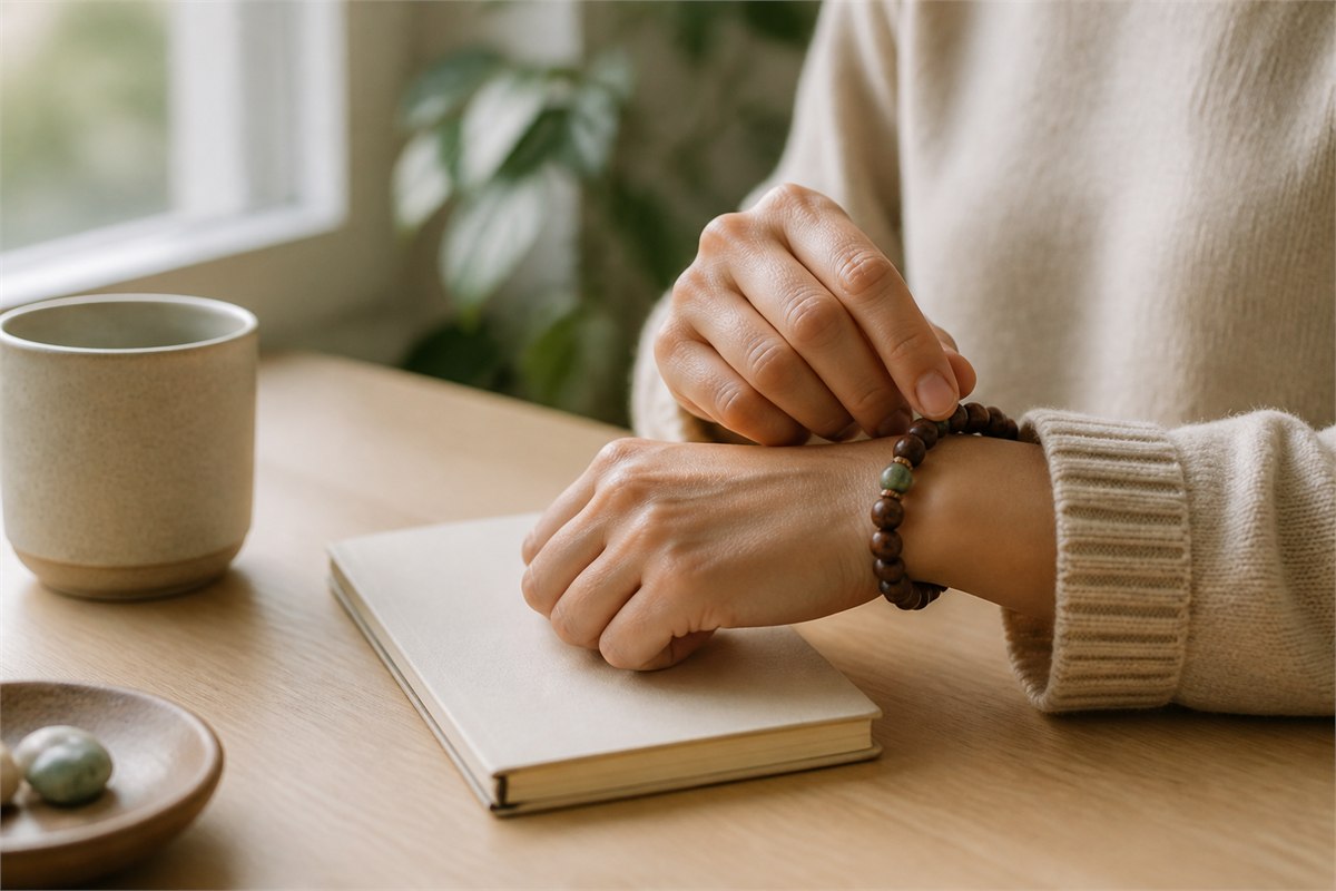 Hand lightly touching a bracelet bead beside a blank notebook