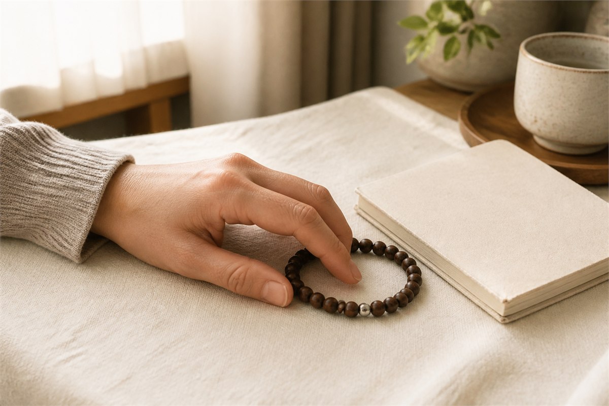 Adult hand beside a blank journal touching a dark wooden bead bracelet in warm window light