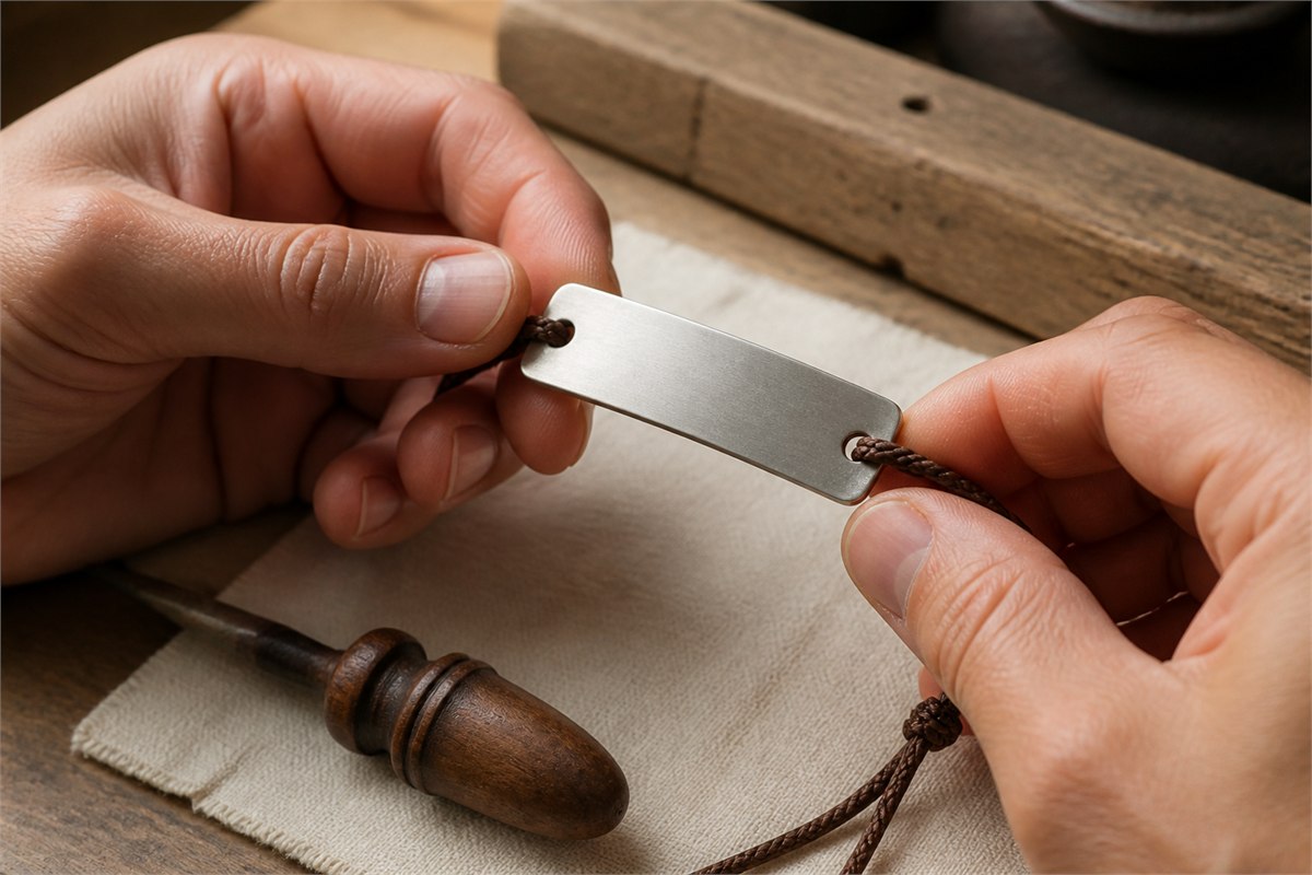Adult hands inspect a blank metal bracelet plate attached to brown woven cord