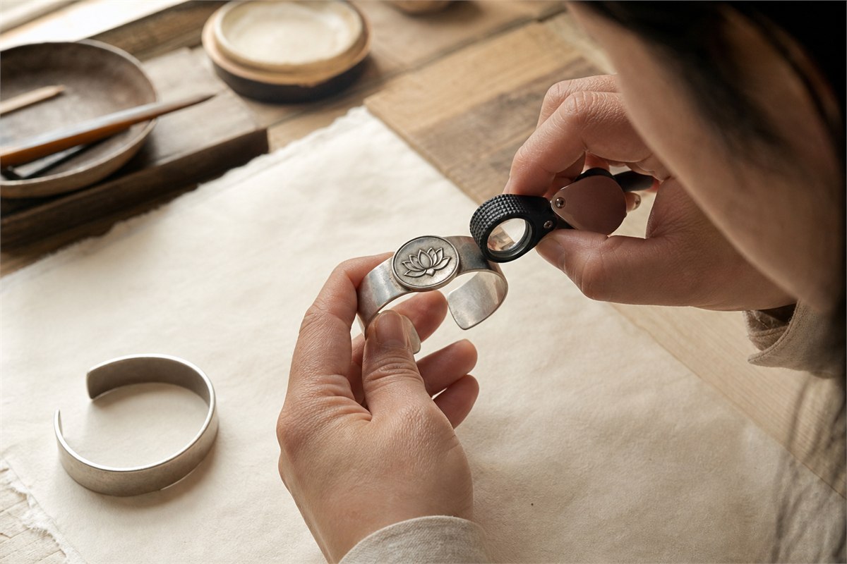 Hands using a loupe to inspect a small lotus relief on a bracelet