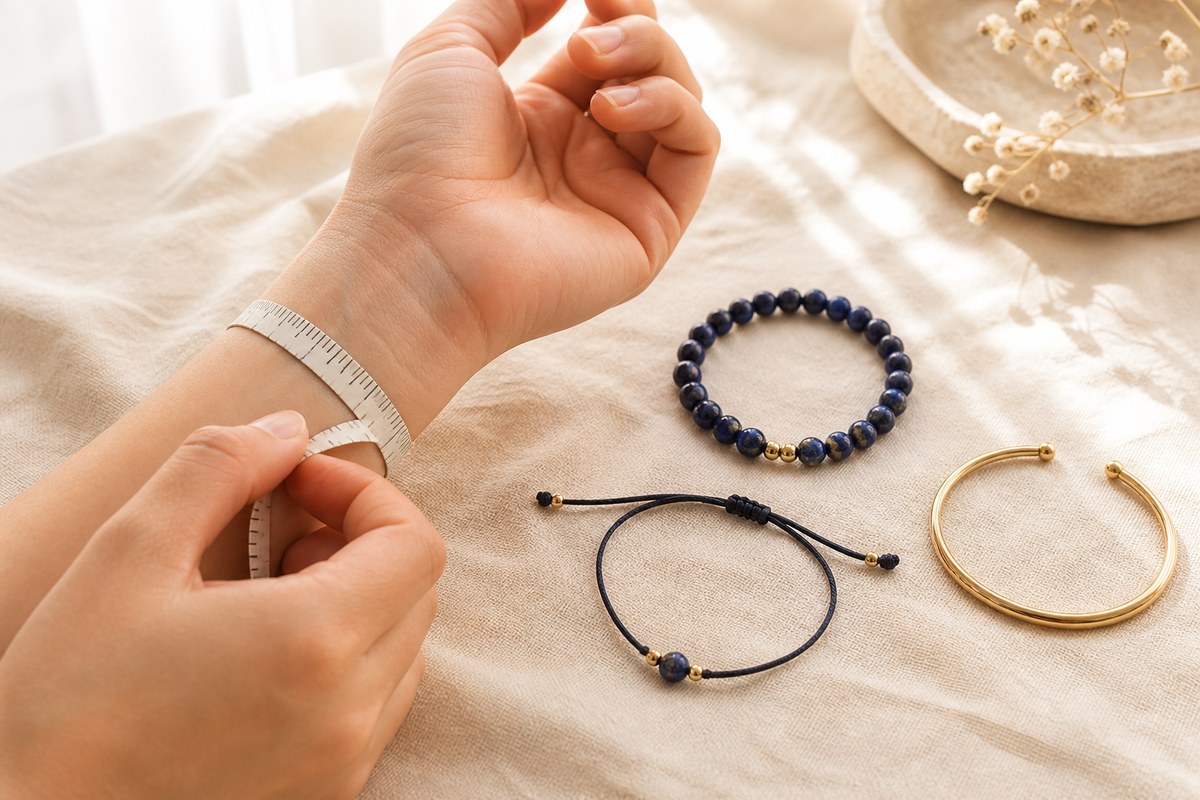 Adult wrist measured gently beside elastic, sliding cord, and open bangle bracelet structures