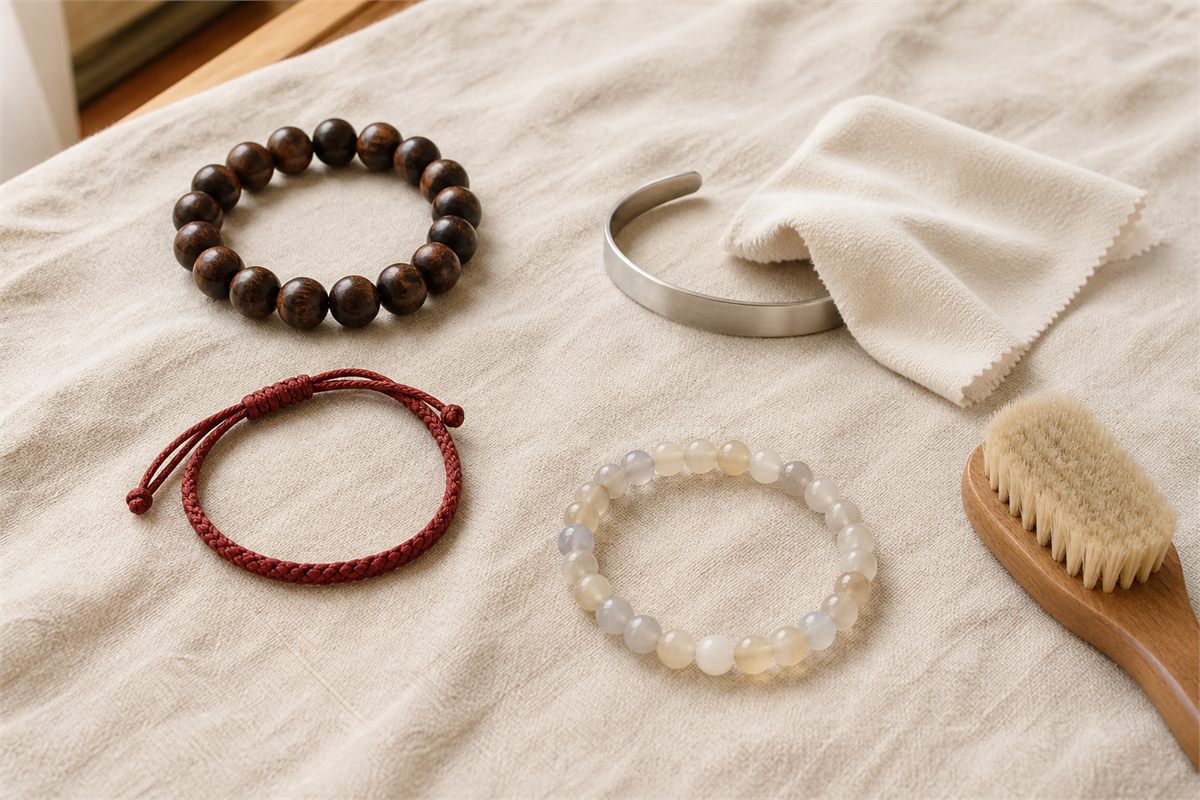 Wood, silver, red cord, and pale stone bracelets separated beside a soft cloth and dry brush