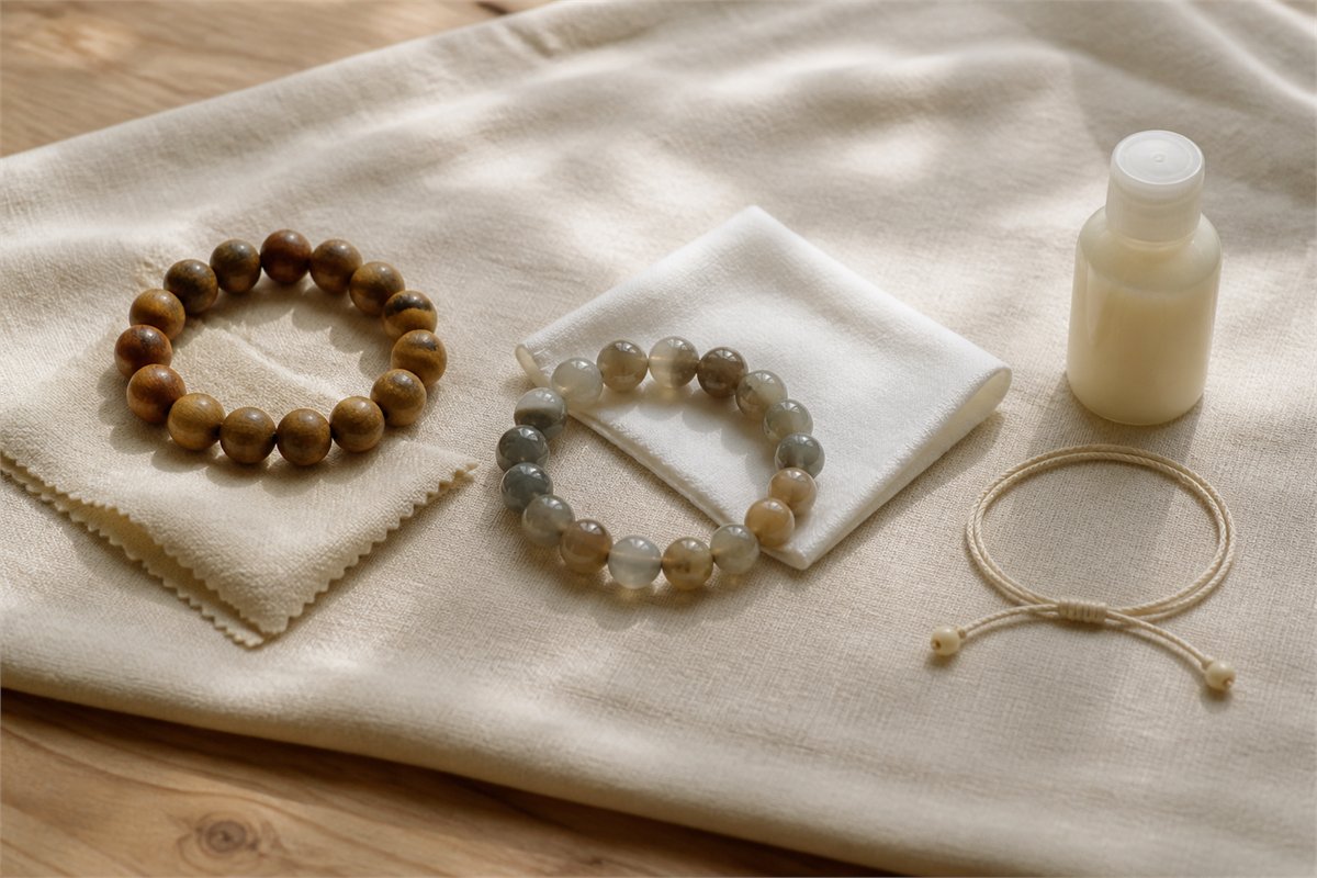 Wooden beads, a stone bracelet, a metal bracelet, and a cotton cord rest beside separate soft care cloths.