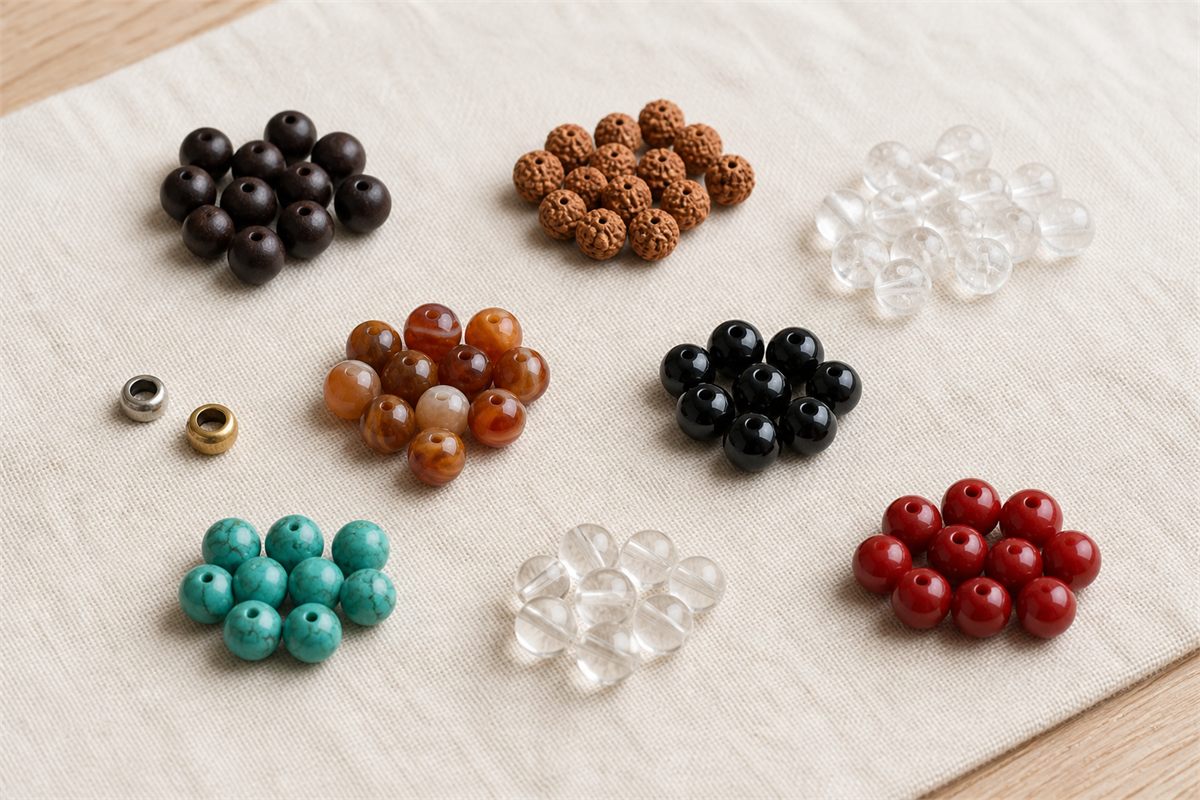 Grouped wood, seed, pale stone, agate, obsidian, turquoise-colored, red resin, and metal bracelet beads
