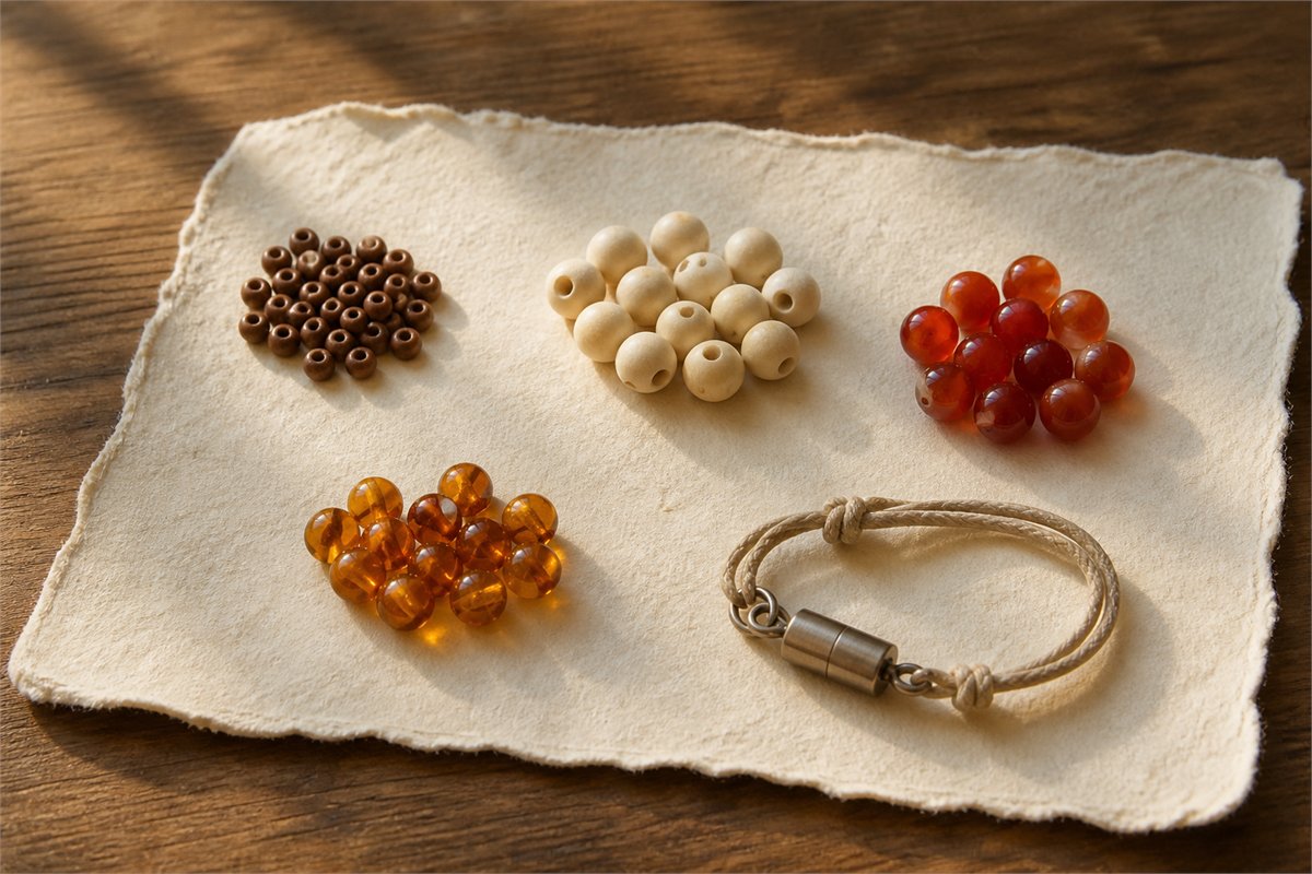 Small samples of wooden beads, seed beads, agate, glass, metal, and cotton cord are arranged in separate groups.