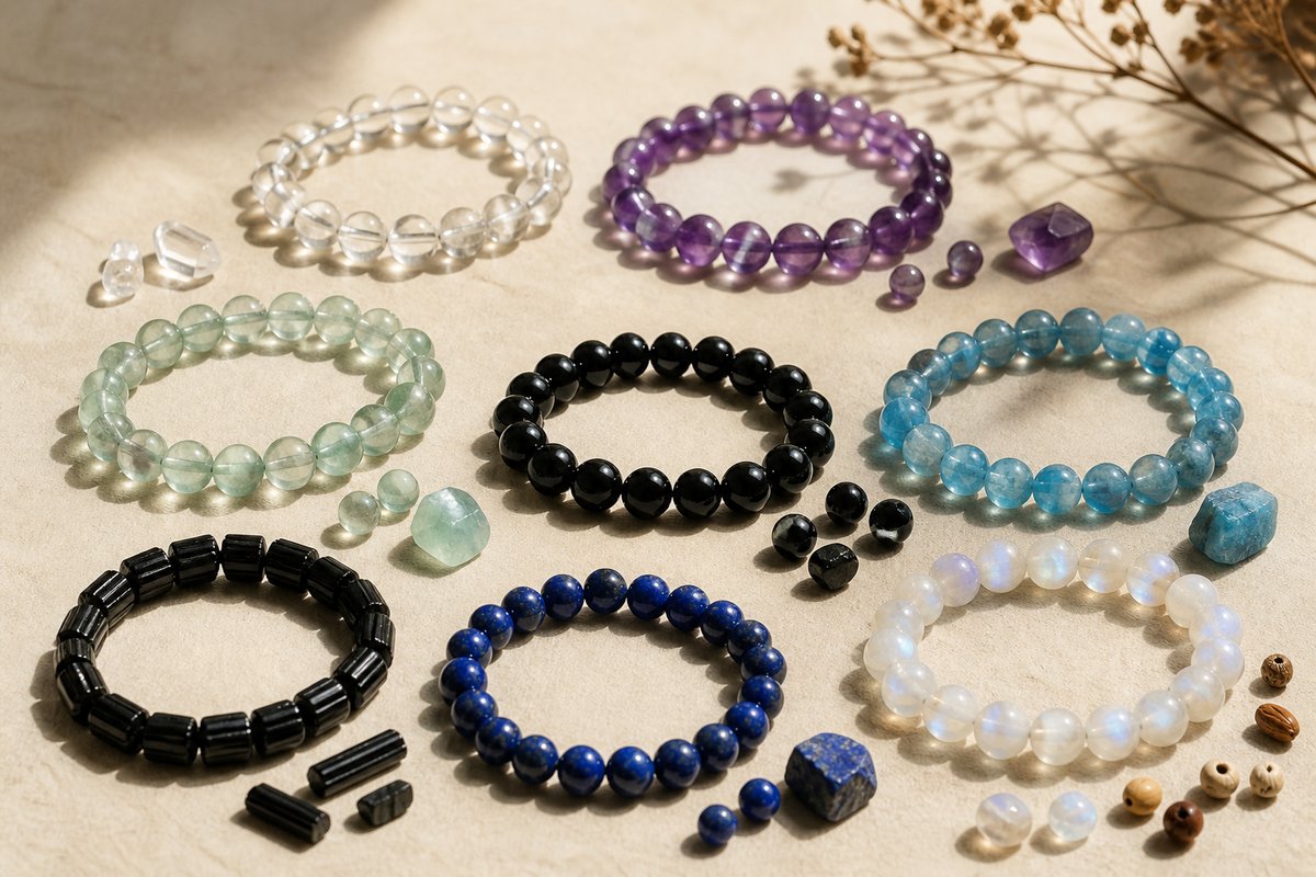 Separate bracelets and loose beads in clear, purple, pale green, blue, black, and deep blue mineral colors