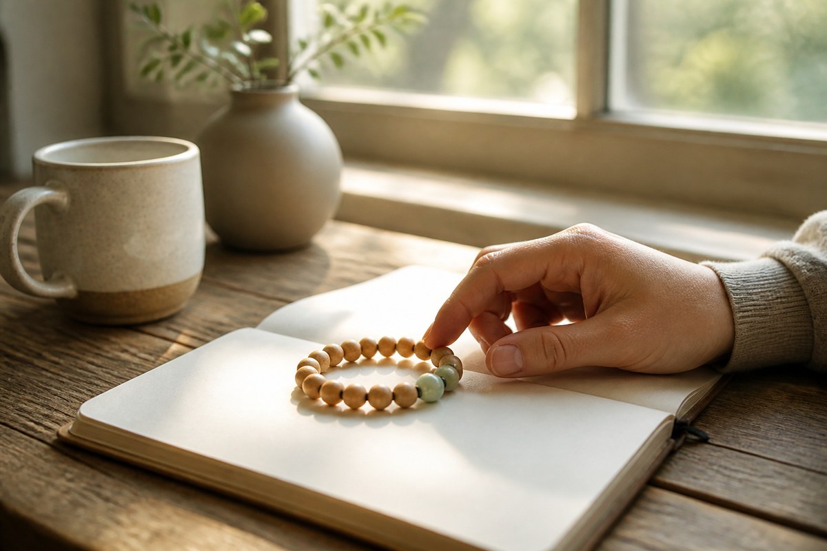 Adult hand touching a wooden and pale ceramic bracelet on a blank journal in warm morning light