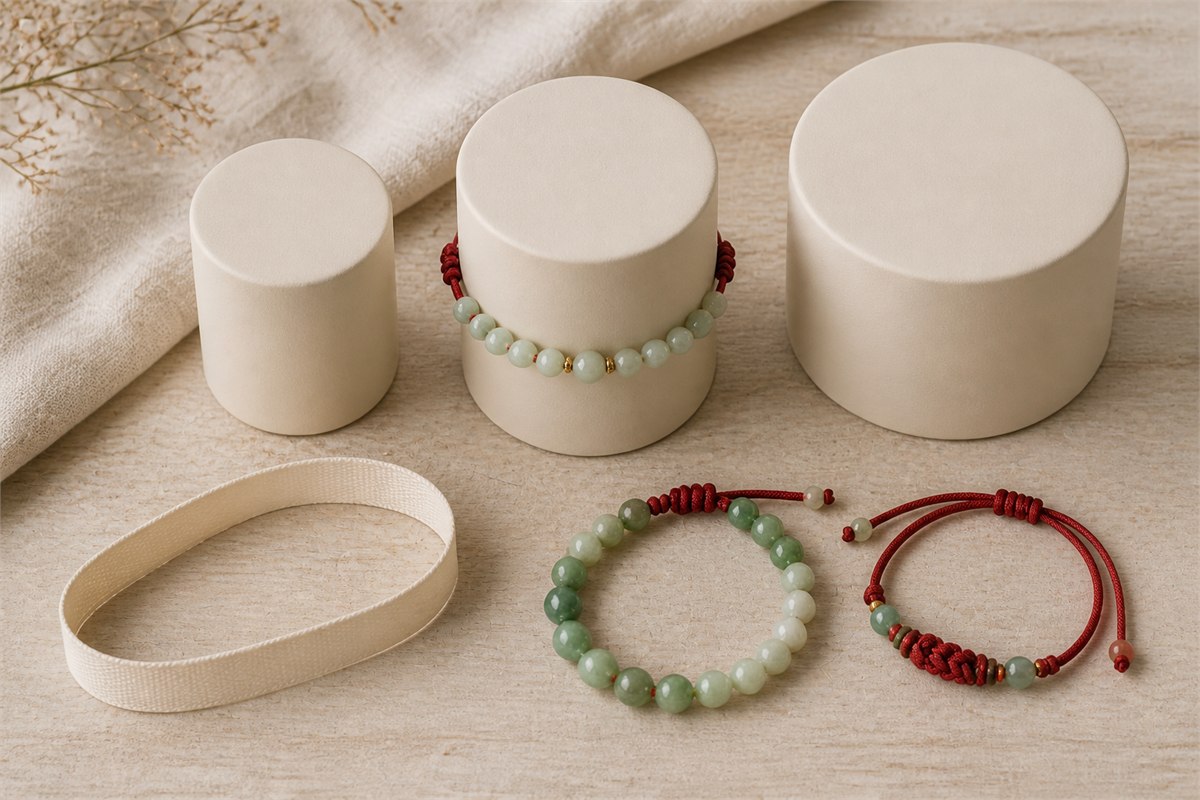 Plain wrist-sizing forms with beaded bracelets and an unmarked cotton measuring loop