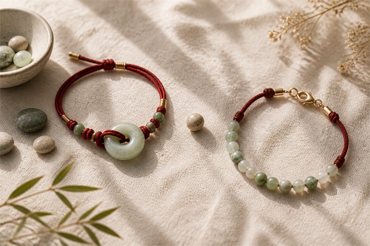 Two separate bracelets with visible cord, clasp, and a smooth spacer on ivory linen