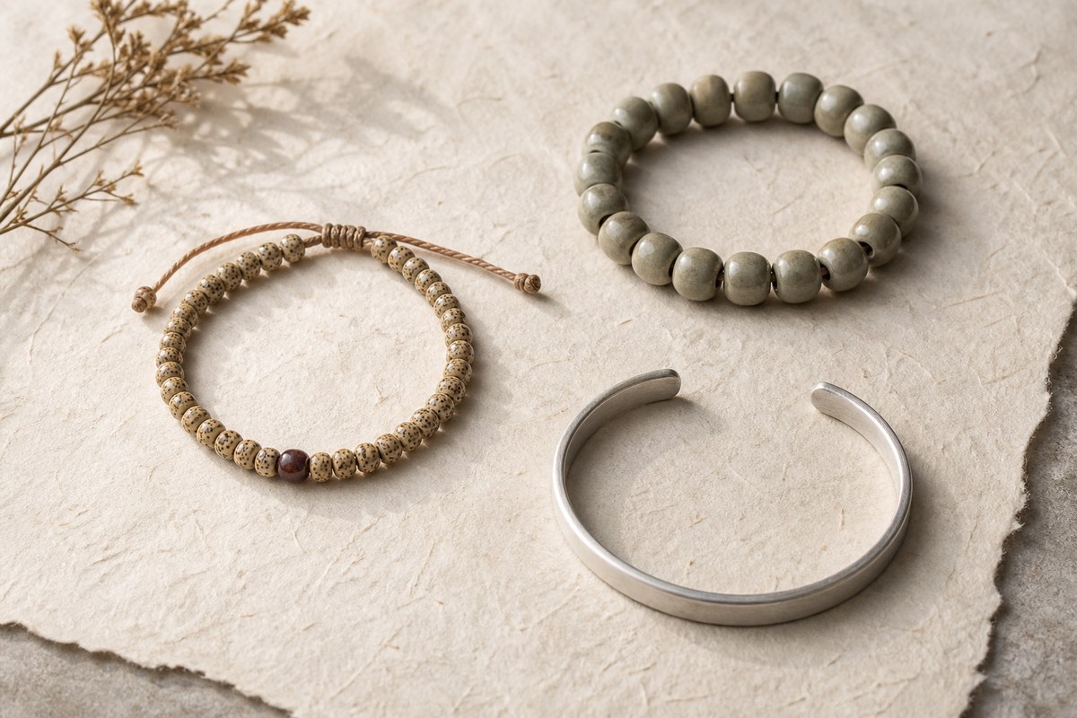 Seed bead wrist strand, ceramic bead bracelet, and blank silver cuff displayed separately on ivory paper