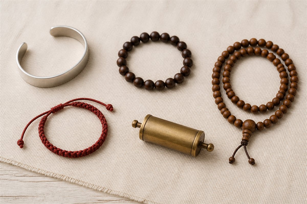 Blank cuff, bead bracelet, long prayer bead strand, woven cord, and cylinder bracelet arranged separately